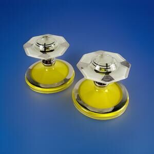 Art Deco Yellow Glass Candle Holders Pair Chrome Band Octagon Czech Style